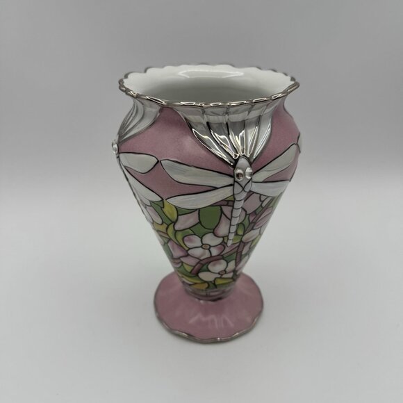 VTG Louis Tiffany Bradford Exchange Glittering Dragonflies Porcelain Vase Pink - Picture 1 of 9